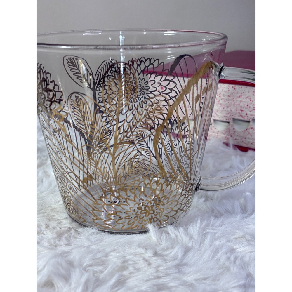 Starbucks 14oz Clear Glass Mug Gold Floral Botanical Butterfly Coffee Cup 2013